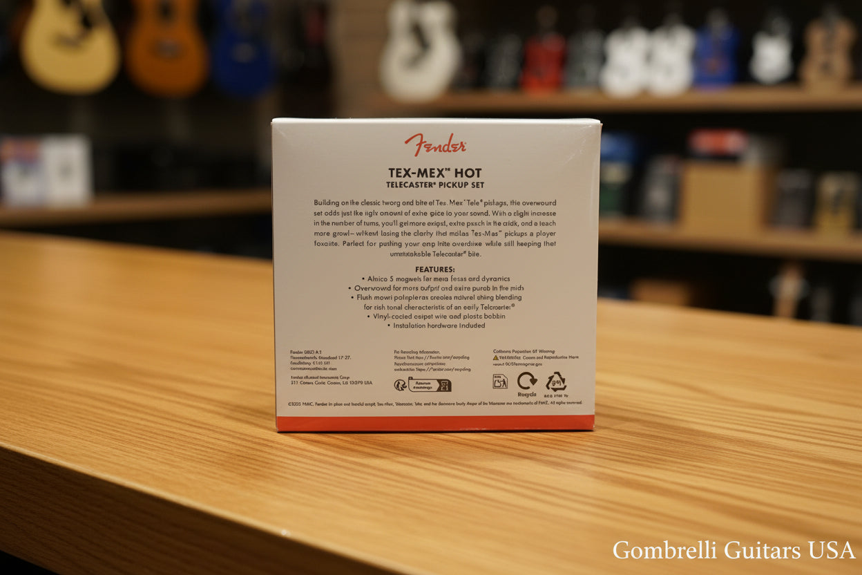 The back of a Fender Telecaster Hot Tex-Mex pickup kit box, showing product details and specifications, placed on a dark textured surface.